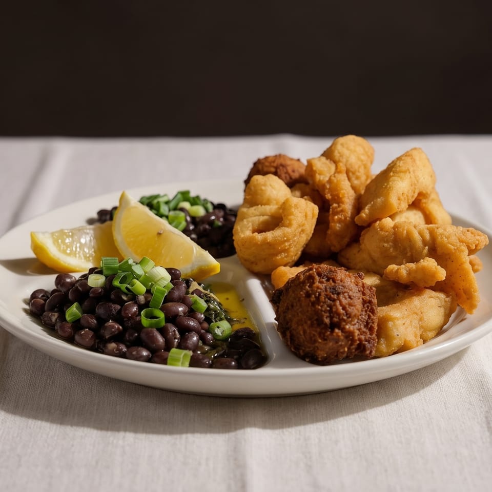 Fried seafood platter with black beans, lemon wedges, and green onions on a white plate.