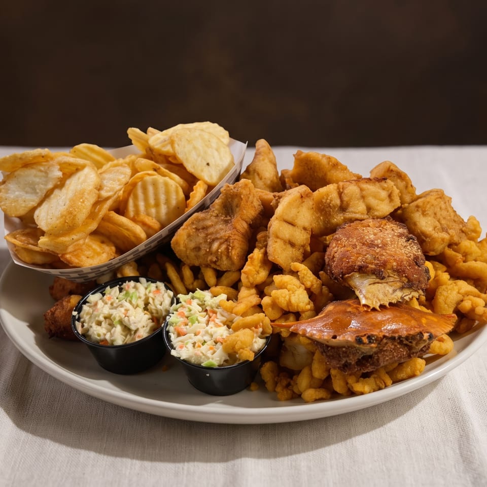 A large platter of fried seafood, including fish, shrimp, and crab, with coleslaw and chips.