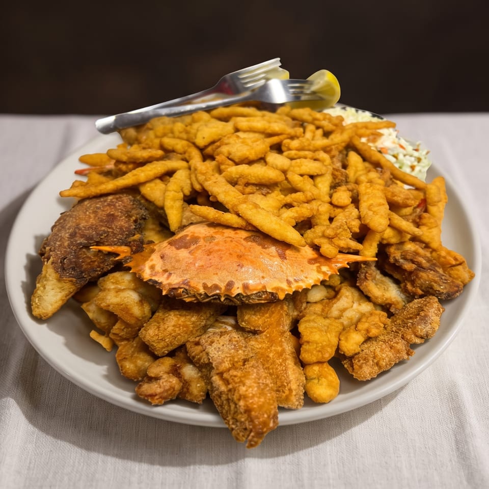 A large platter of fried seafood, including crab, fish, and shrimp, with coleslaw and lemon.