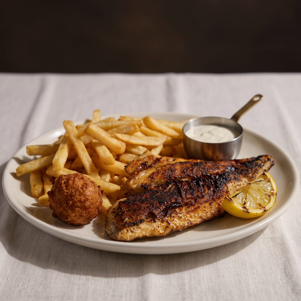 Grilled fish fillets with fries, a hushpuppy, lemon, and tartar sauce on a white plate.