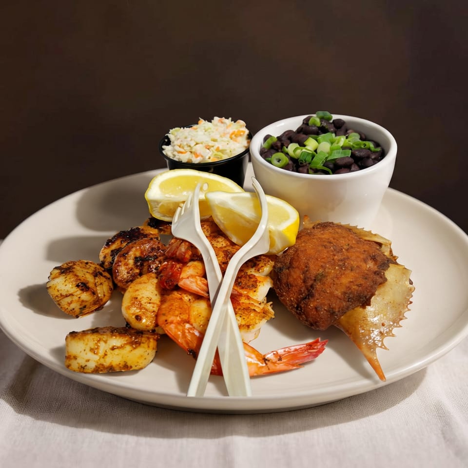 Seafood platter with scallops, shrimp, crab, coleslaw, black beans, and lemon wedges.